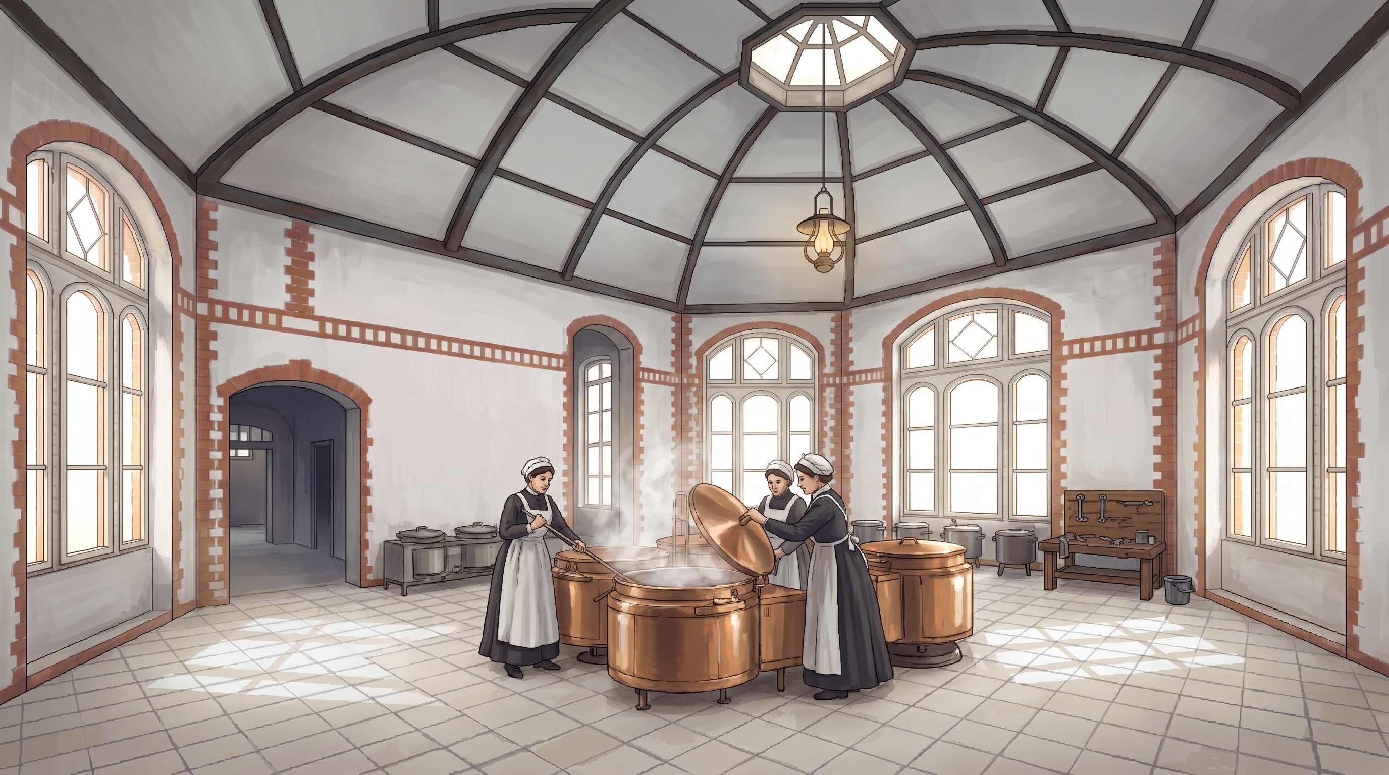 Kuppelsaal der Kochküche im Jahr 1902 mit Köchinnen an Kupferkesseln