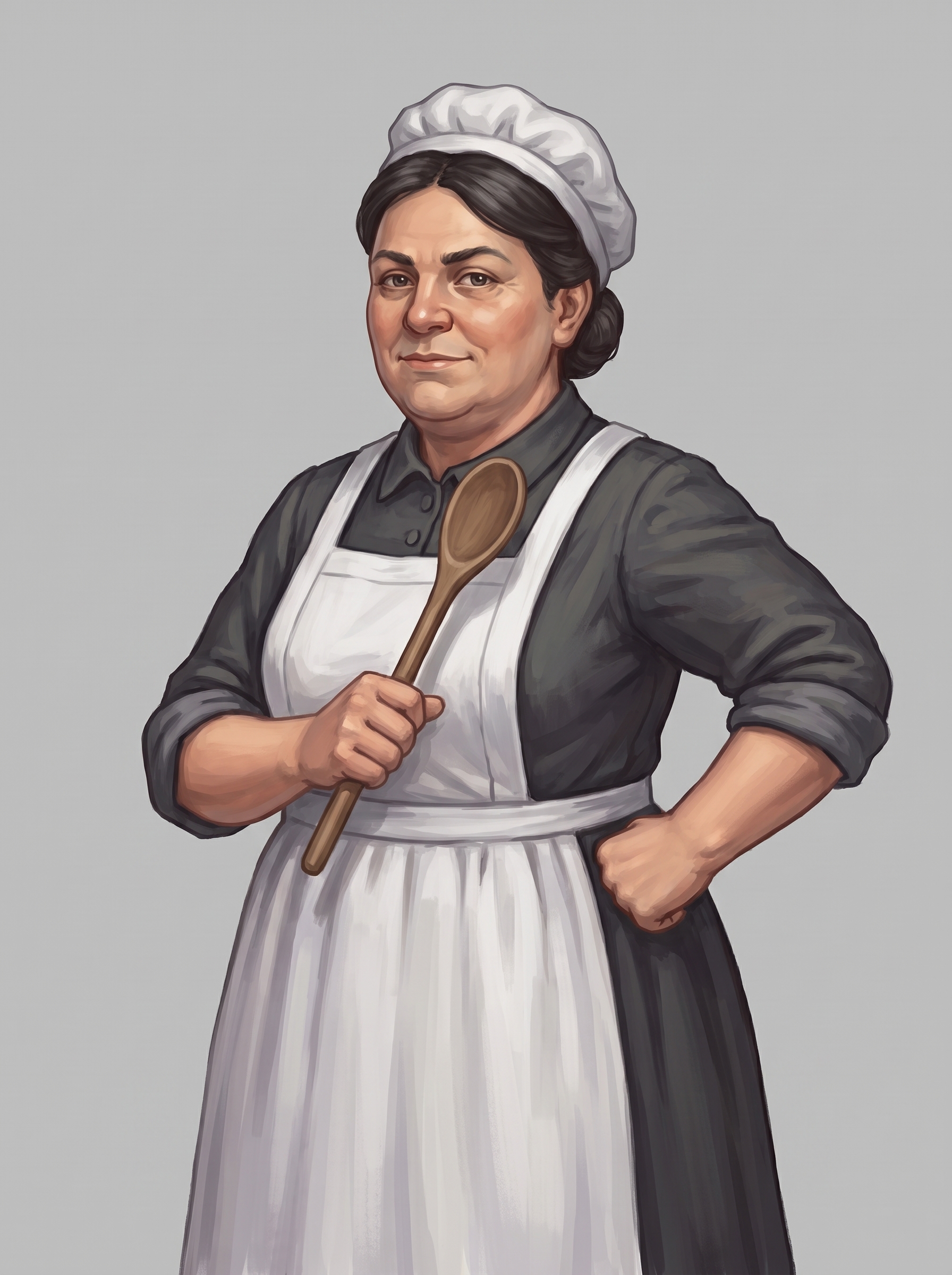 Porträt der Köchin Hilde aus dem Jahr 1902 mit Haube, Schürze und Kochlöffel
