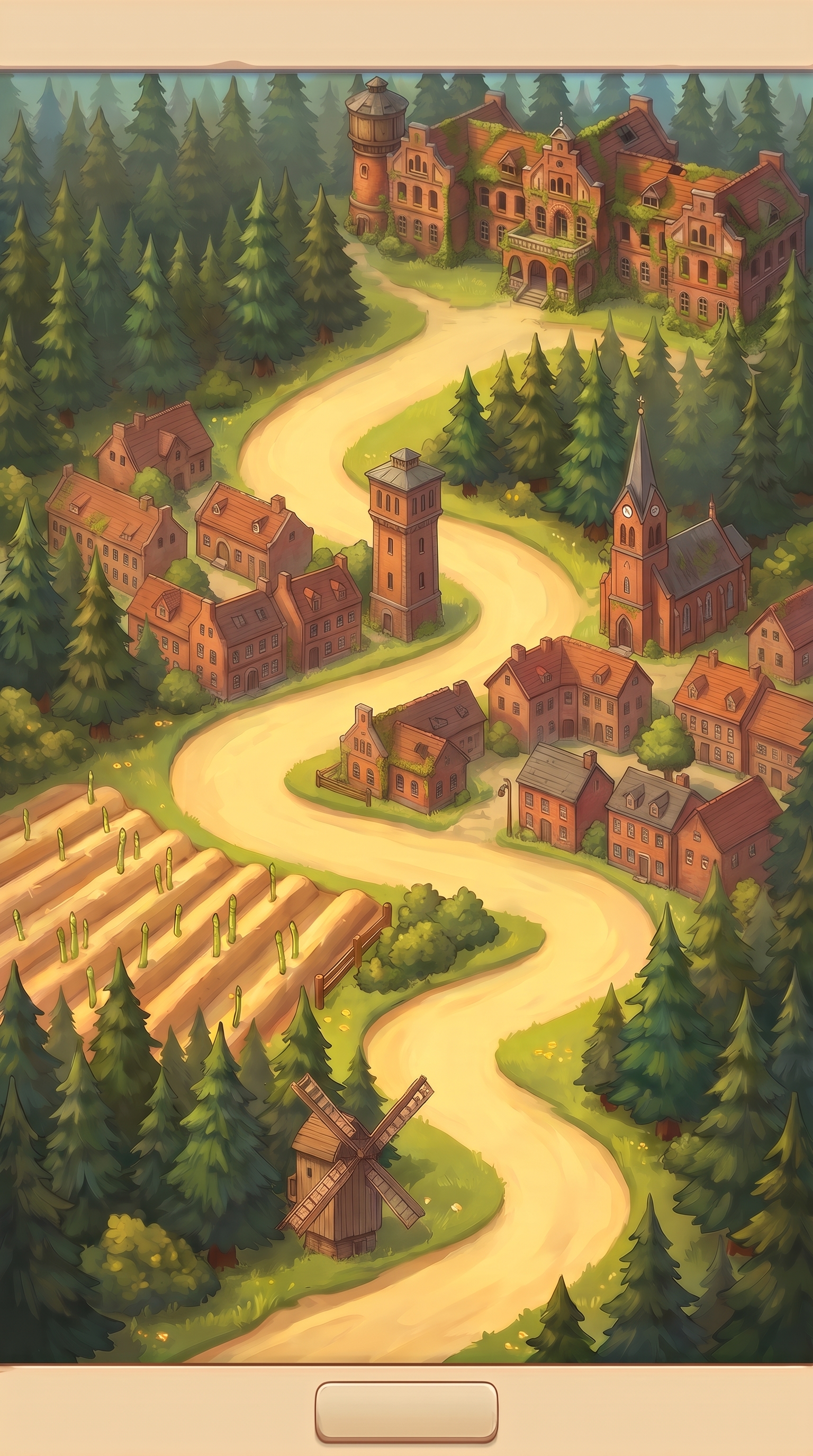 Kapitelkarte Beelitz mit Bockwindmühle, Spargelfeld, Stadt und Kiefernwald